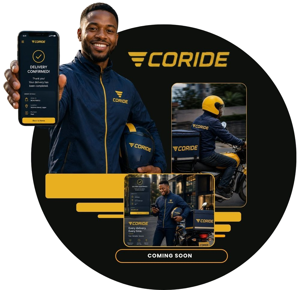 CORIDE delivery riders in branded gear with the CORIDE app showing a confirmed delivery. Coming soon.